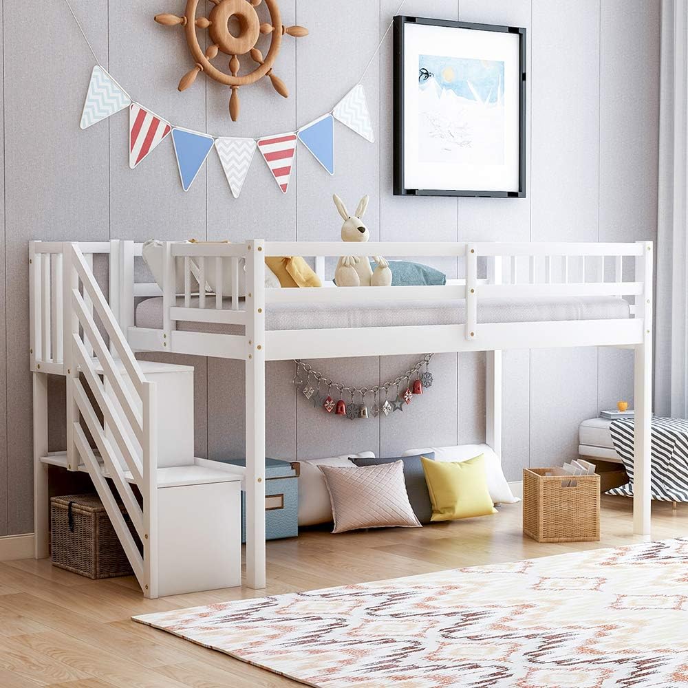 Twin Wood Loft Bed with Storage Staircase and Guard Rail H95246