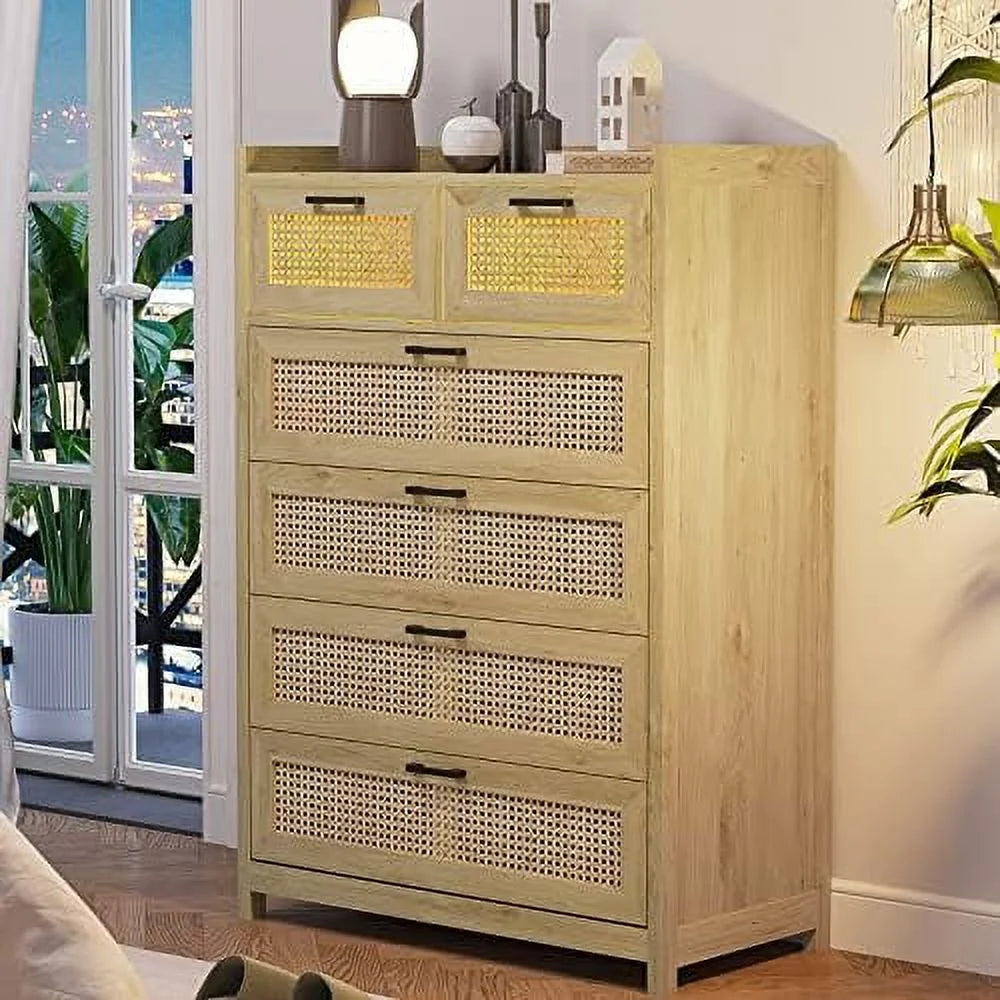 Rattan 6 Drawer Wood Dresser with LED Lights I2003