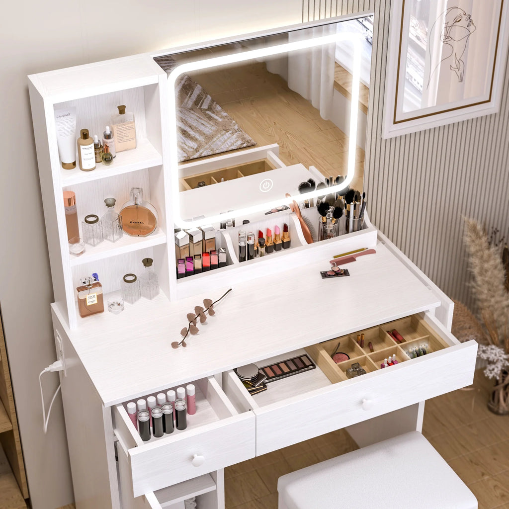 White Vanity Desk with Lighted Mirror and Stool T384072