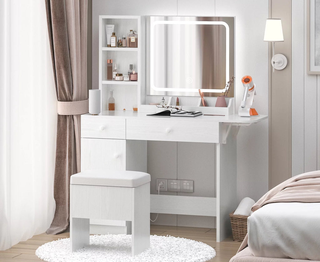 White Vanity Desk with Lighted Mirror and Stool T384072