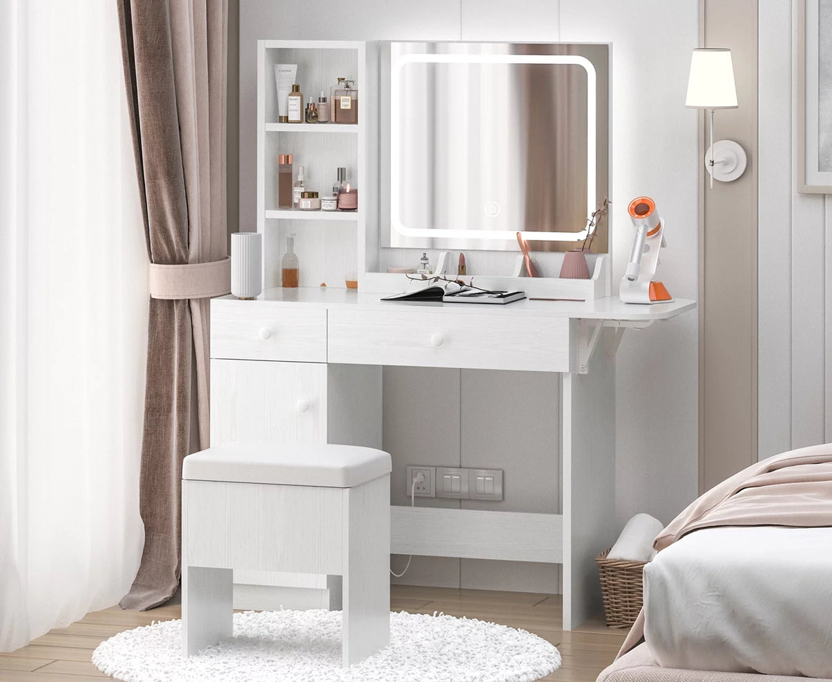 White Vanity Desk with Lighted Mirror and Stool T384072