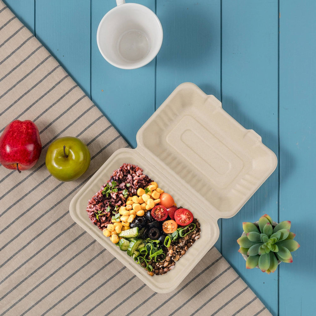 9 inch Compostable Sugarcane Clamshell Containers, 300 Pack V286