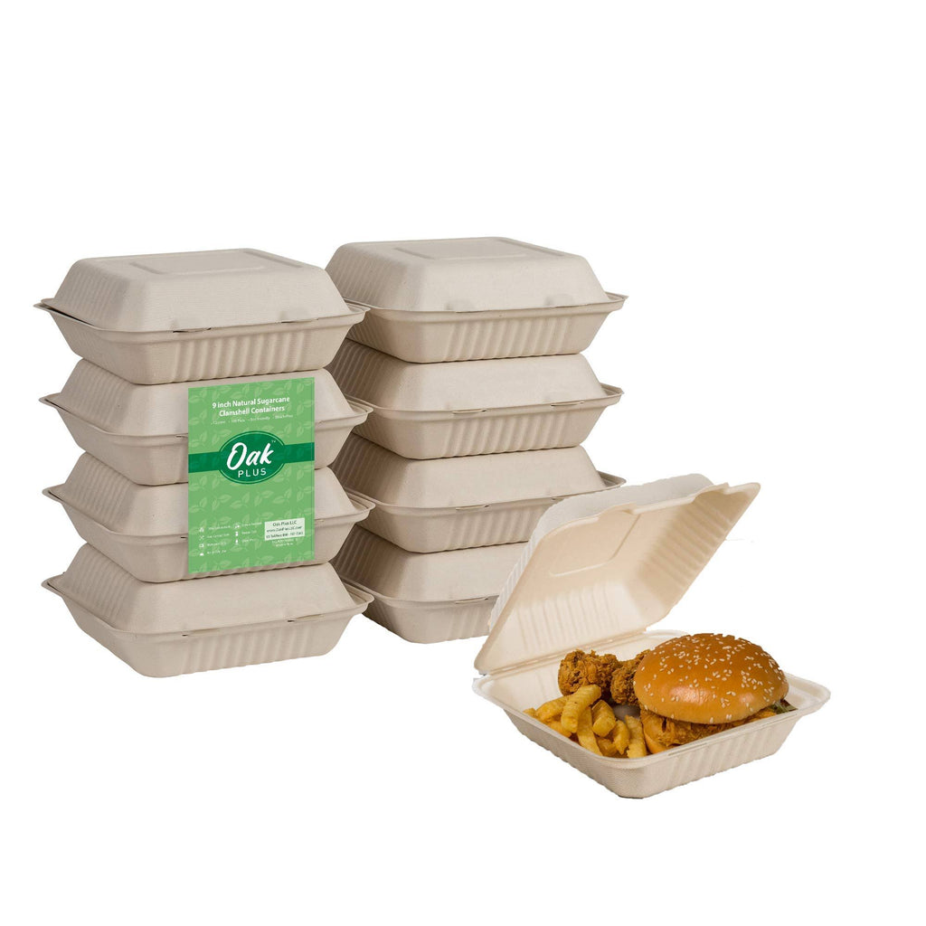 9 inch Compostable Sugarcane Clamshell Containers, 300 Pack V286