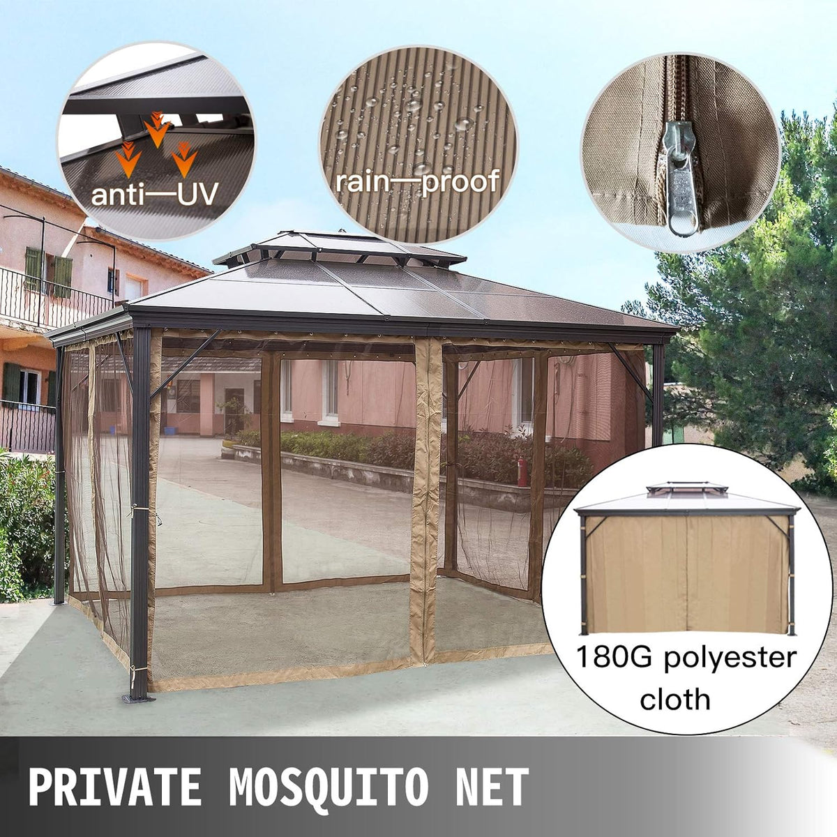 10' x 10' Polycarbonate Hardtop Aluminum Gazebo with Netting T58548