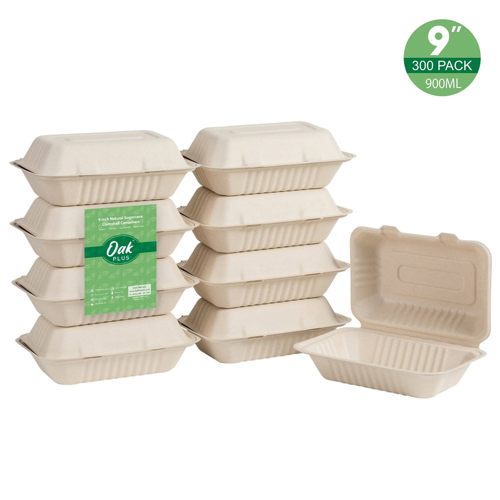 9 inch Compostable Sugarcane Clamshell Containers, 300 Pack V286