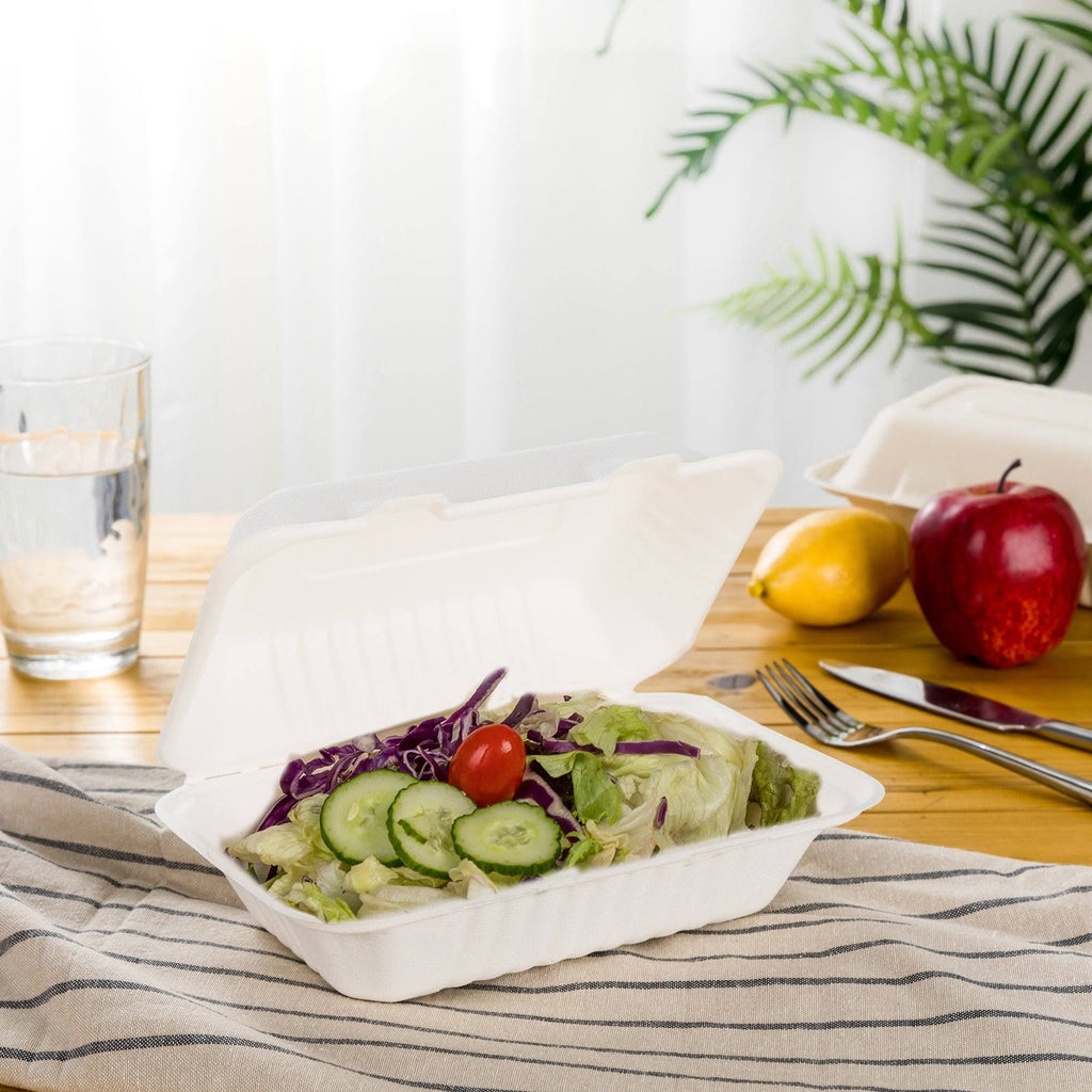 9 inch Compostable Sugarcane Clamshell Containers, 300 Pack V286