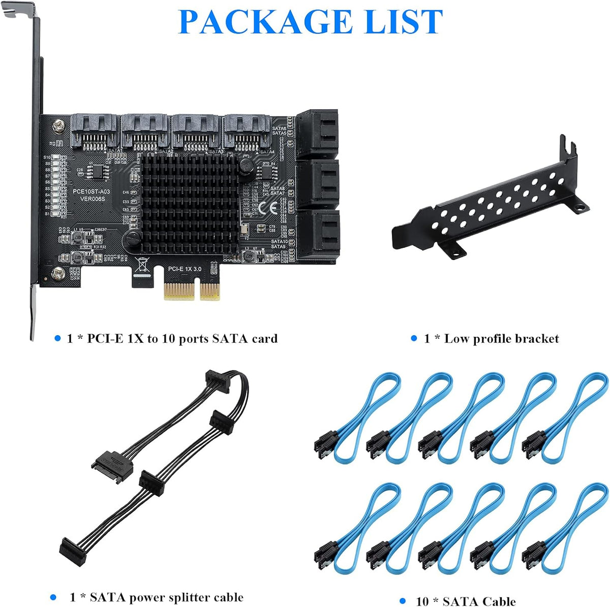 PCIE 1X 10 Ports 6 Gbps SATA 3.0 Expansion Card with Low Profile Bracket and 10 SATA Cables V146720