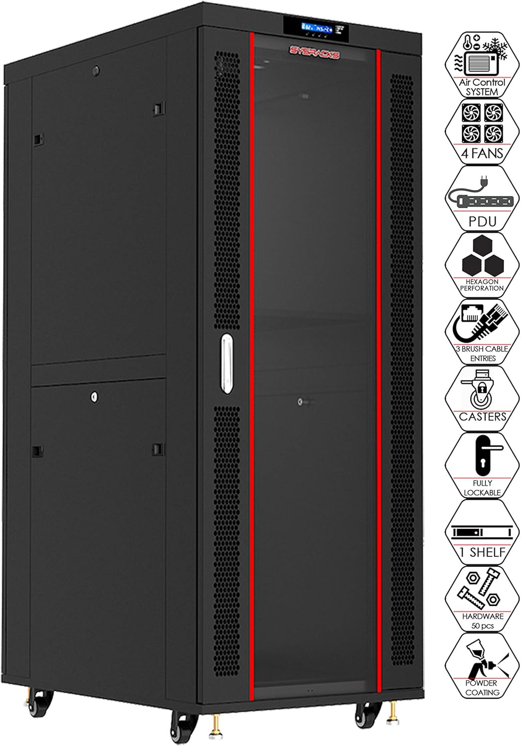 42U Locking Server Rack Cabinet on Wheels with Shelf and Cooling Fan S17255