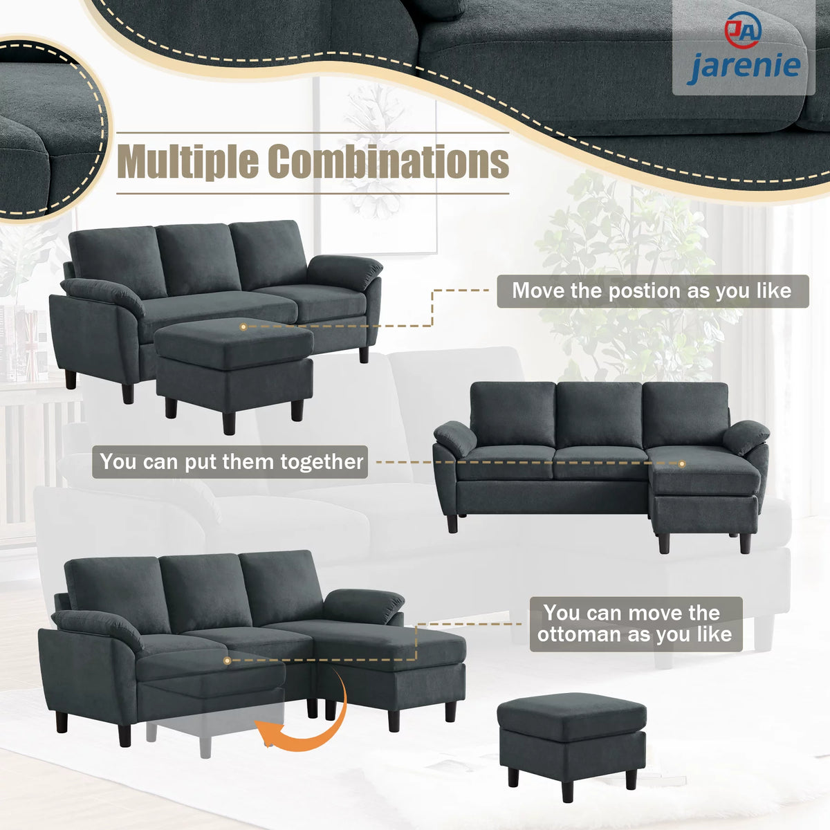 Modern Fabric L-Shaped Sectional Sofa with Ottoman F9262