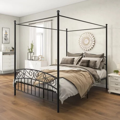 Queen Size Canopy Bed Frame with Headboard & Footboard Black J36786