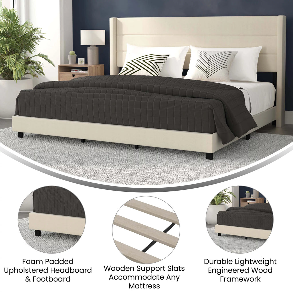 Beige Faux Linen King Upholstered Platform Bed with Wingback Headboard M6506
