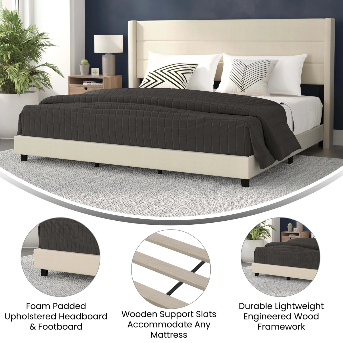 Beige Faux Linen King Upholstered Platform Bed with Wingback Headboard M6506