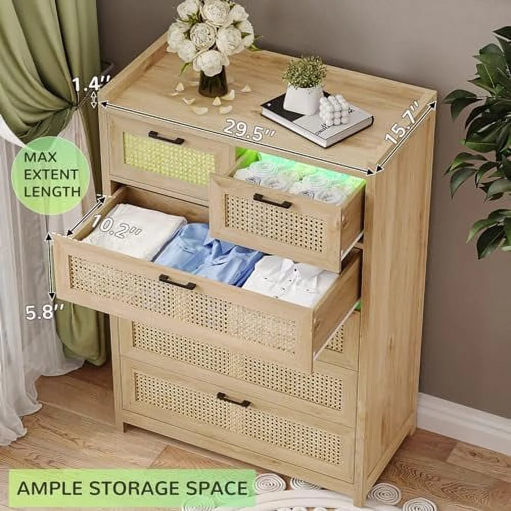 Rattan 6 Drawer Wood Dresser with LED Lights I2003