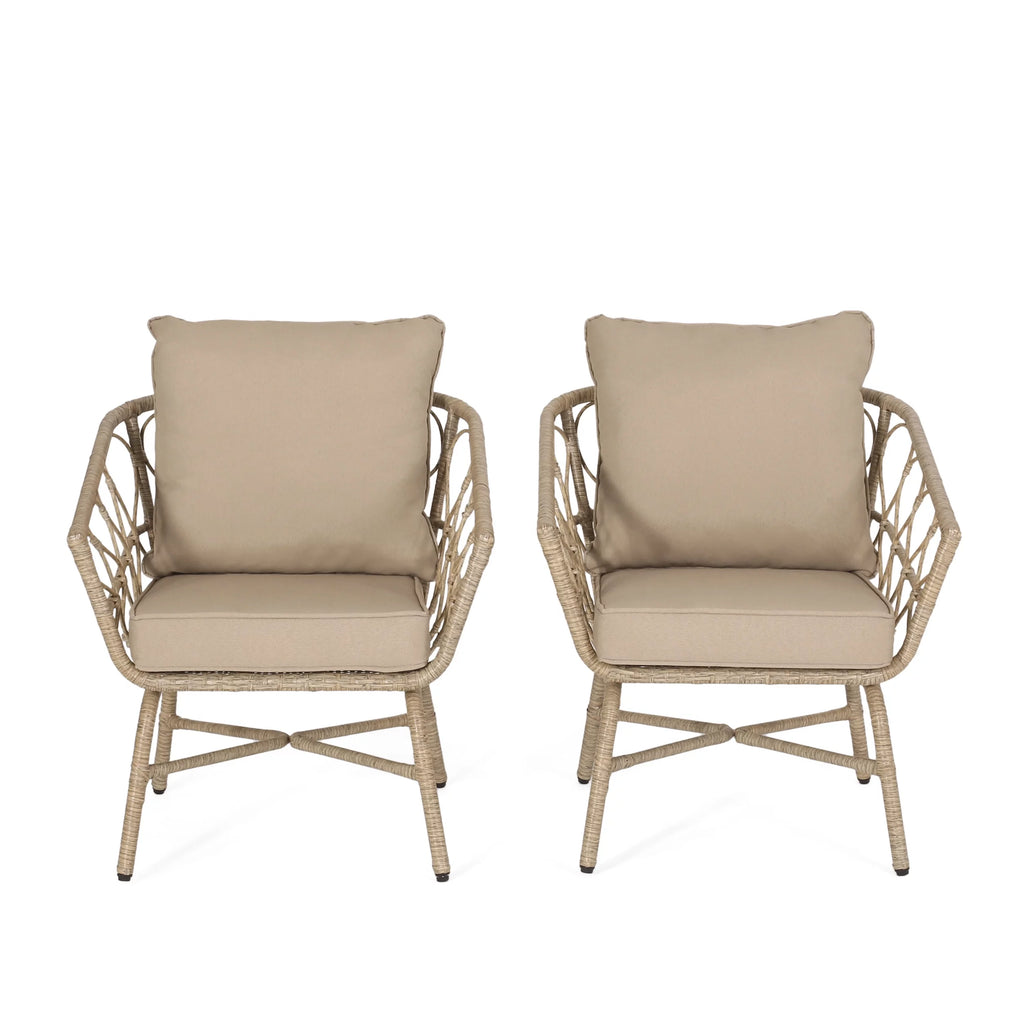 Light Brown and Beige Wicker Club Chairs with Cushions, Set of 2 G24049