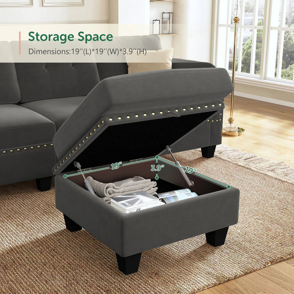 Black Velvet L Shaped Sectional Couch with Reversible Chaises and Storage Ottoman M5603