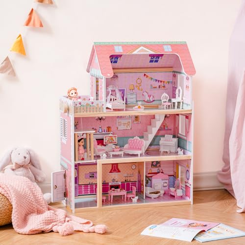 Wooden Dollhouse Playset with 24 Pcs Furniture I1189