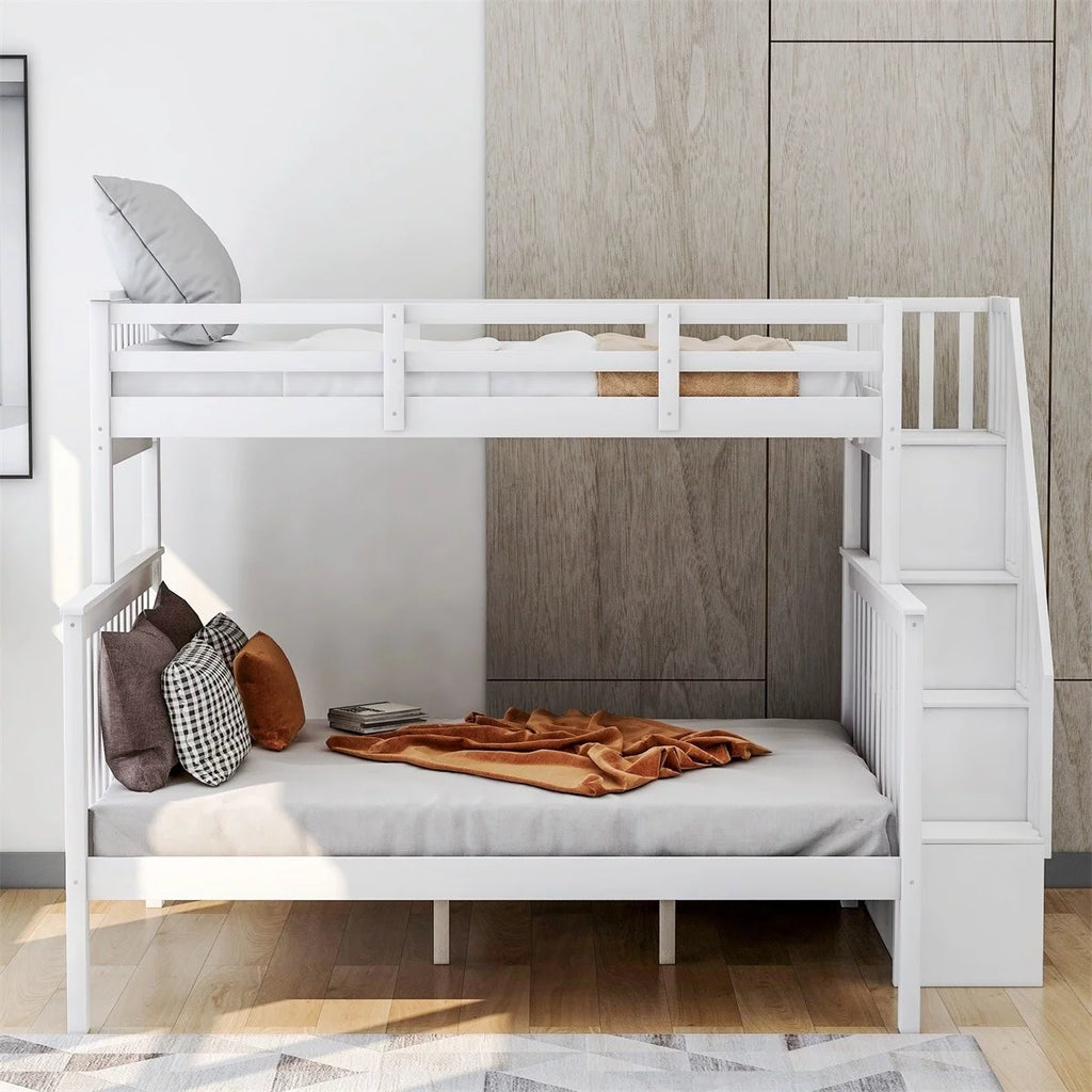 White Twin over Full Bunk Bed with Storage and Guard Rail V524375