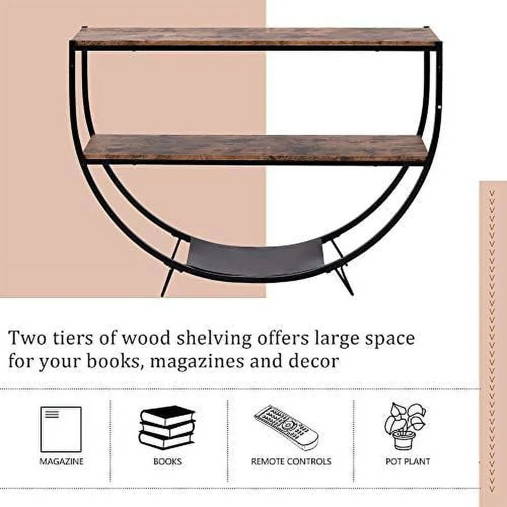48" Demilune Shape Narrow Rustic Industrial Textured Metal Distressed Wood Console Table G63685