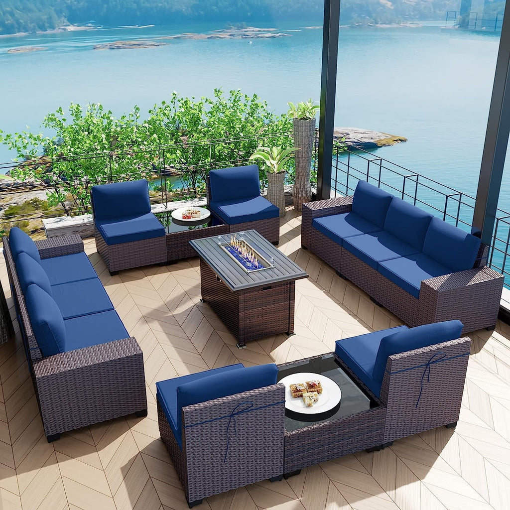 13 Pieces Outdoor Patio Rattan Wicker Furniture Set with Fire Pit Table V46887
