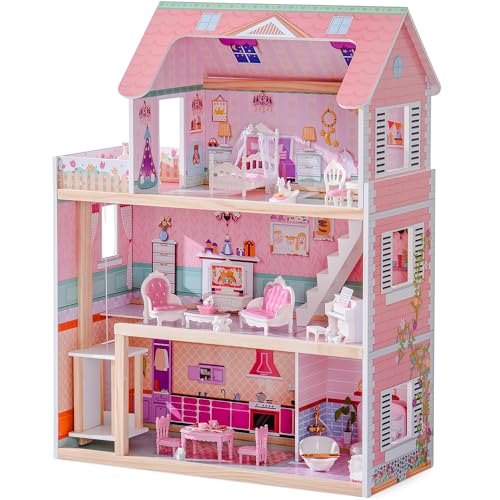 Wooden Dollhouse Playset with 24 Pcs Furniture I1189
