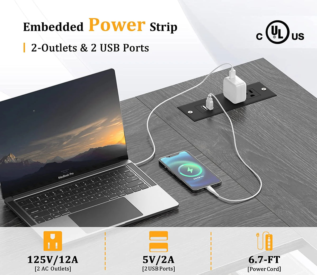 L Shaped Desk with Power Outlets & LED Lights G650