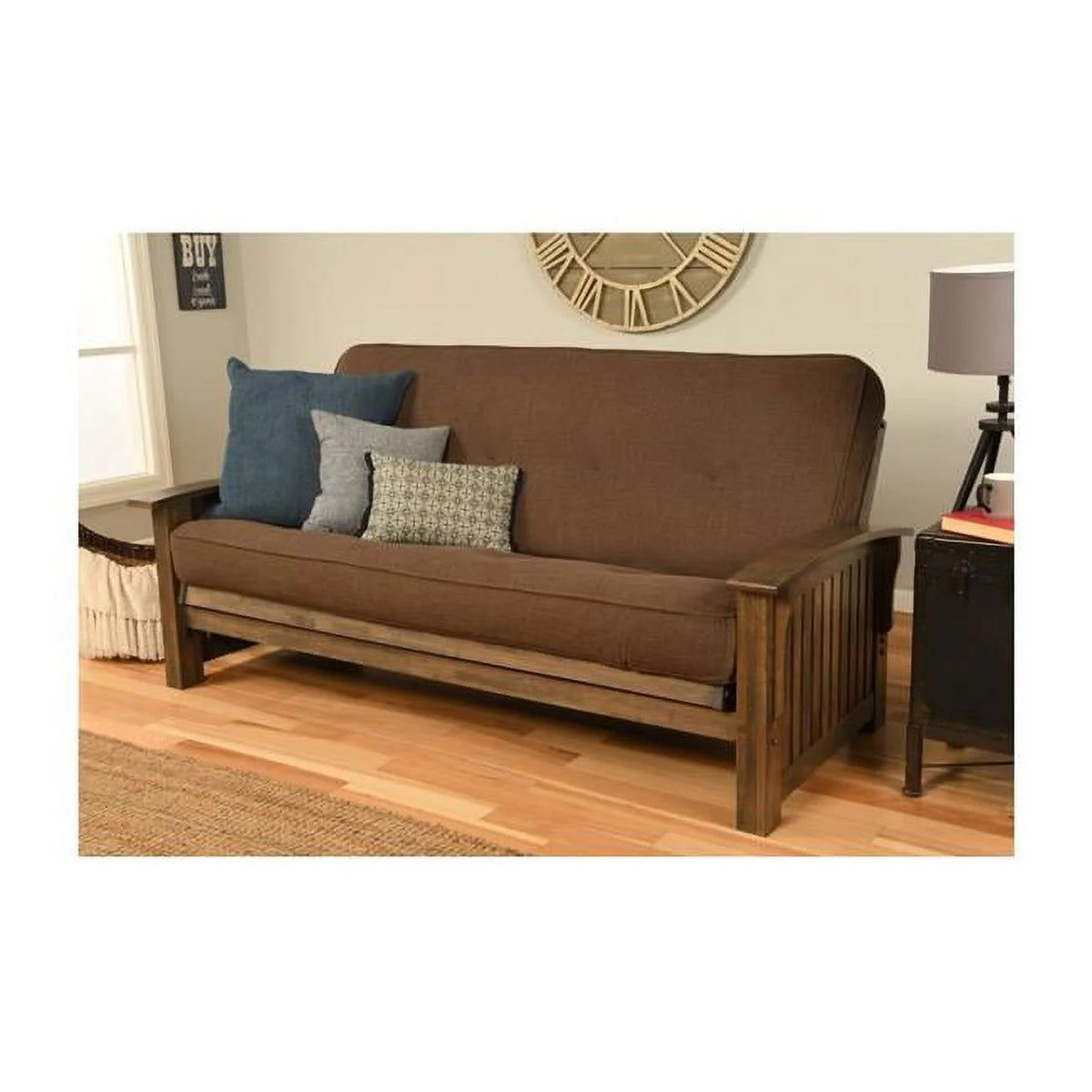 Walnut Full Size Futon Frame with Linen Cocoa Mattress T36582