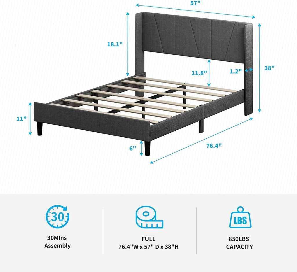 Full Upholstered Wingback Platform Bed Frame with Headboard Dark Grey C8920