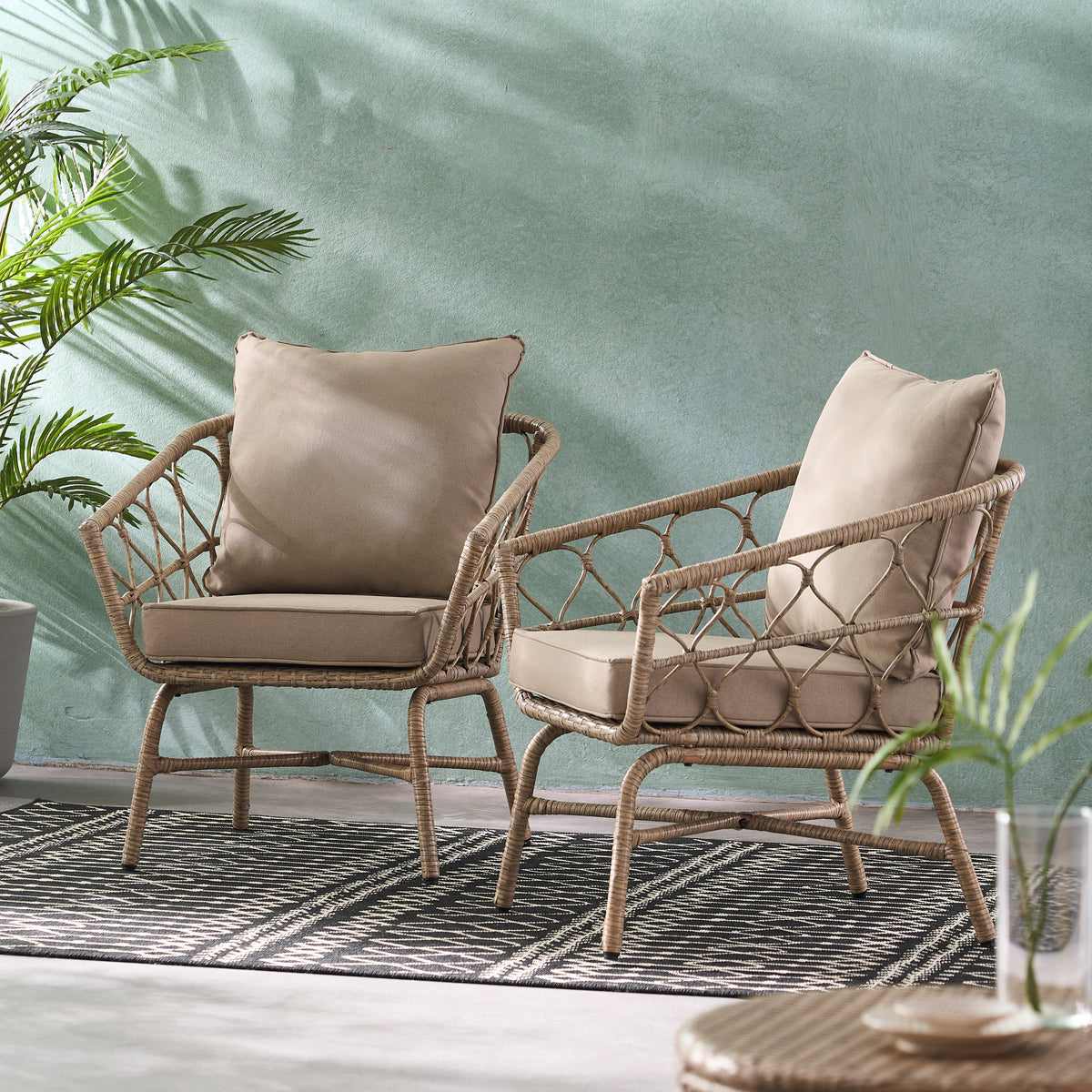 Light Brown and Beige Wicker Club Chairs with Cushions, Set of 2 G24049