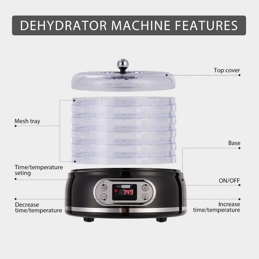400W 5 Trays Round Food Dehydrator Machine Black R55660