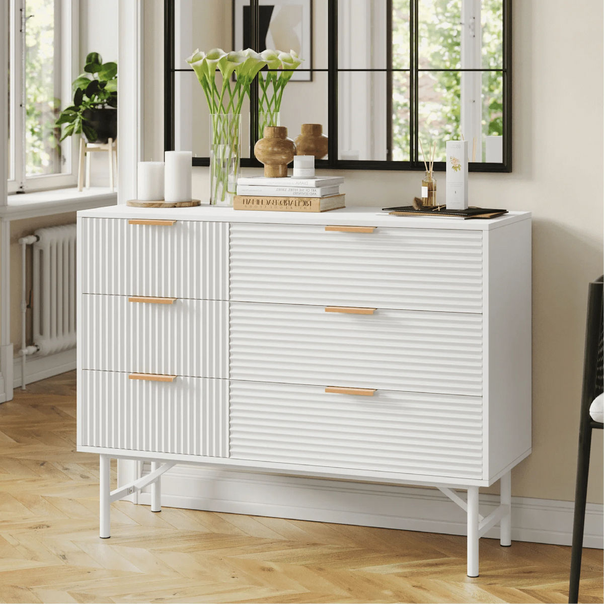 6 Drawer Creamy Wood Dresser with Metal Base F363268