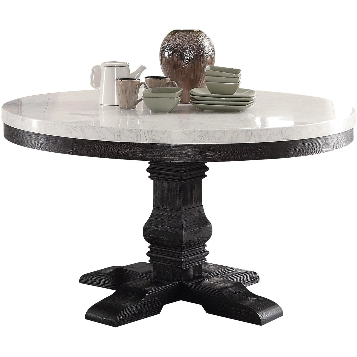 White Marble & Dark Oak Dining Table + 4 Chairs W480602