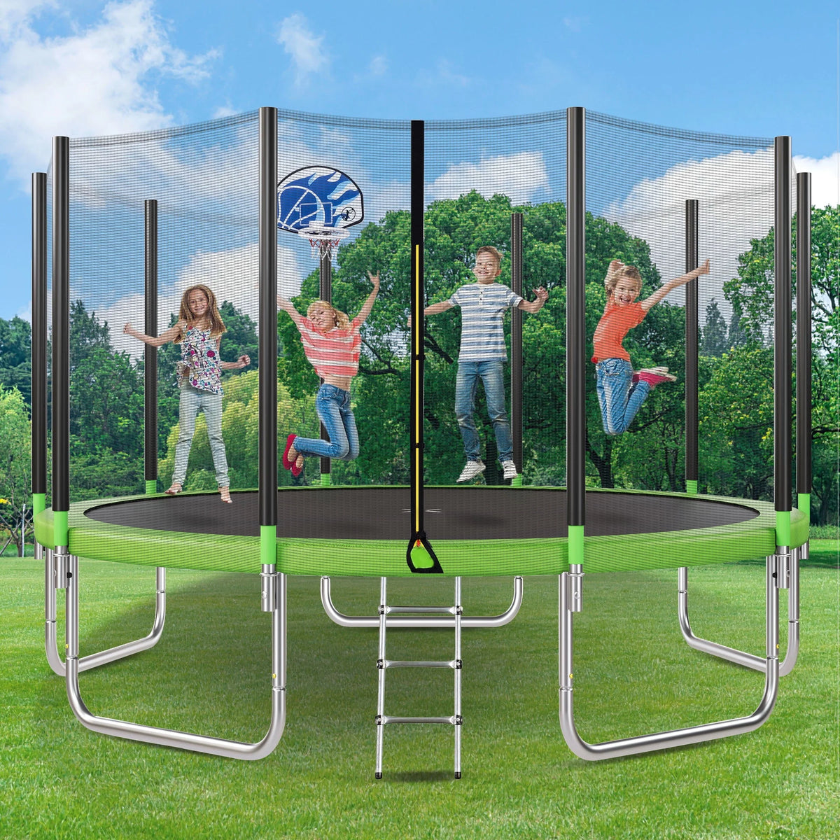 14FT Trampoline with Basketball Hoop and Safety Net W312207