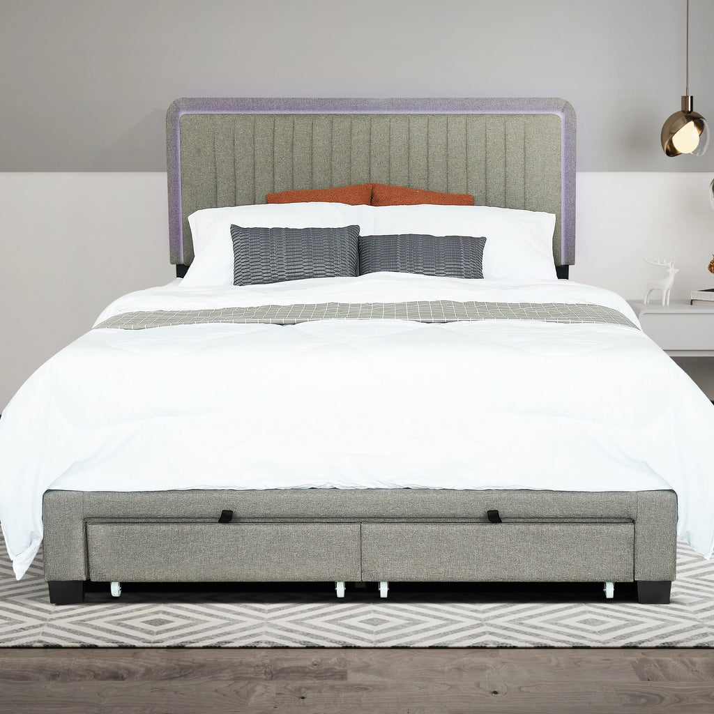 Queen Linen Upholstered Platform Bed Frame with LED Headboard and Footboard Drawers M4425