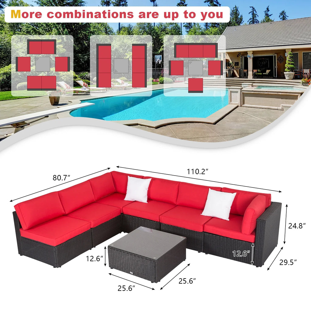7 Pc Pe Rattan Wicker Sectional Sofa Set with Red Cushions U43296