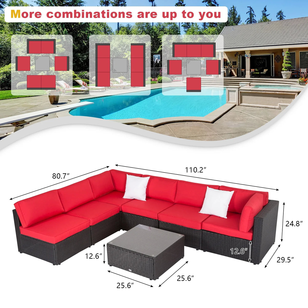 7 Pc Pe Rattan Wicker Sectional Sofa Set with Red Cushions U43296