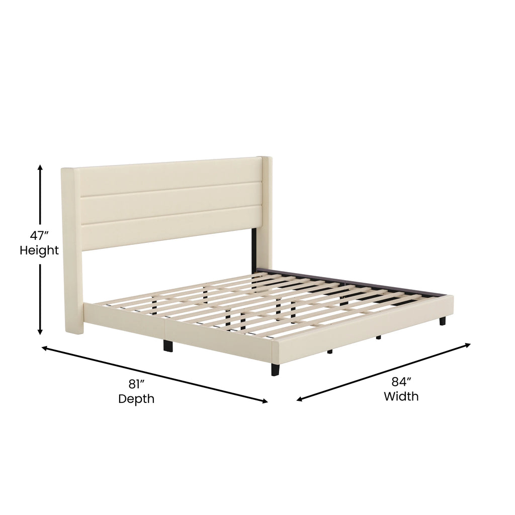 Beige Faux Linen King Upholstered Platform Bed with Wingback Headboard M6506
