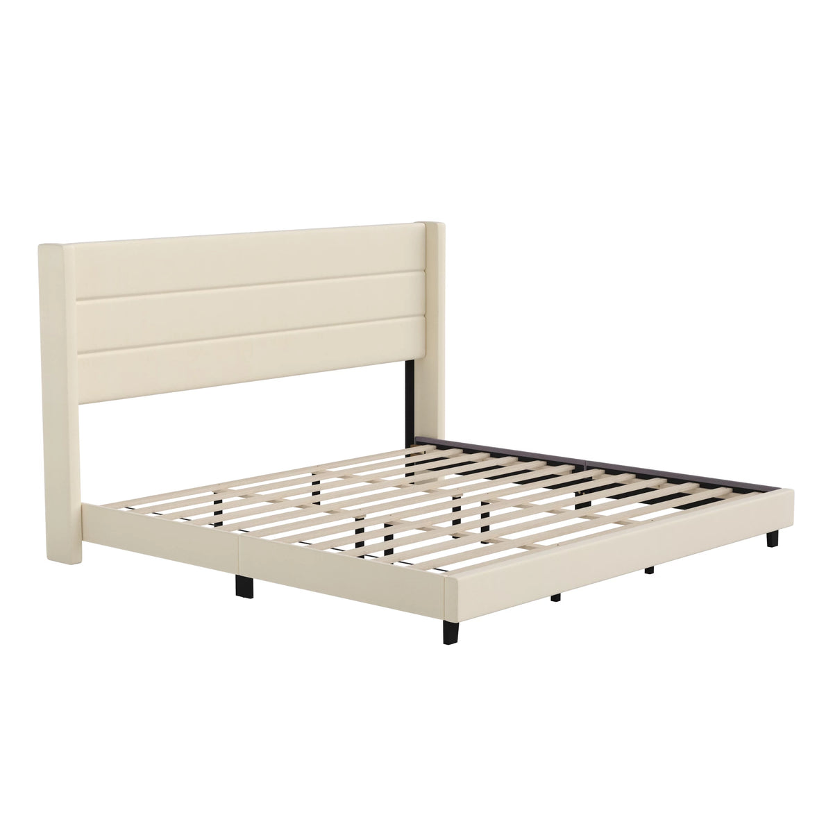 Beige Faux Linen King Upholstered Platform Bed with Wingback Headboard M6506
