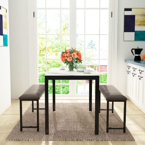 3 Pieces Faux Marble Top Table and 2 PU Leather Upholstered Benches W827