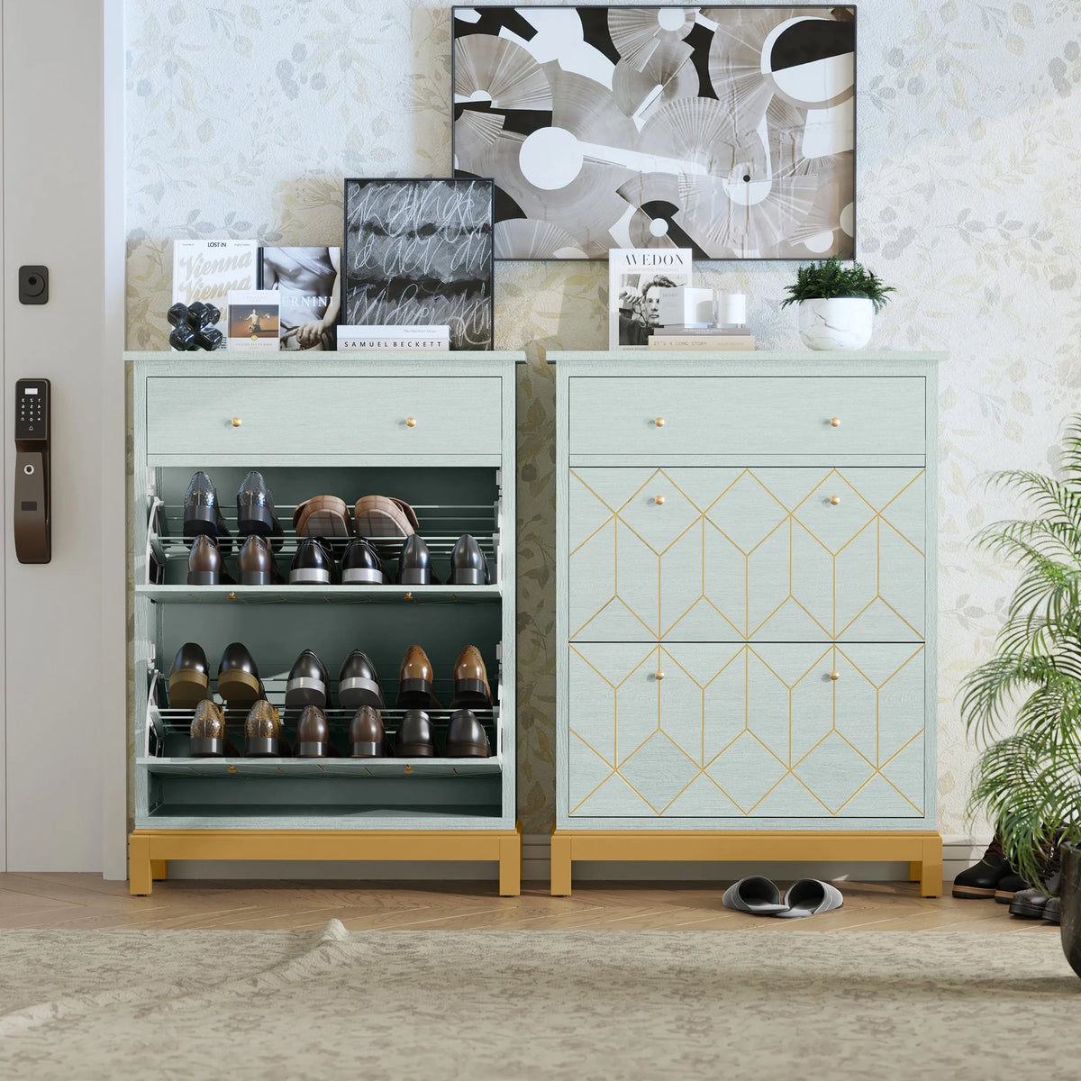 Green Shoe Cabinet with 2 Flip Doors 1 Drawer V68229