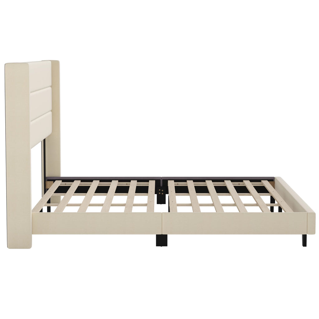 Beige Faux Linen King Upholstered Platform Bed with Wingback Headboard M6506