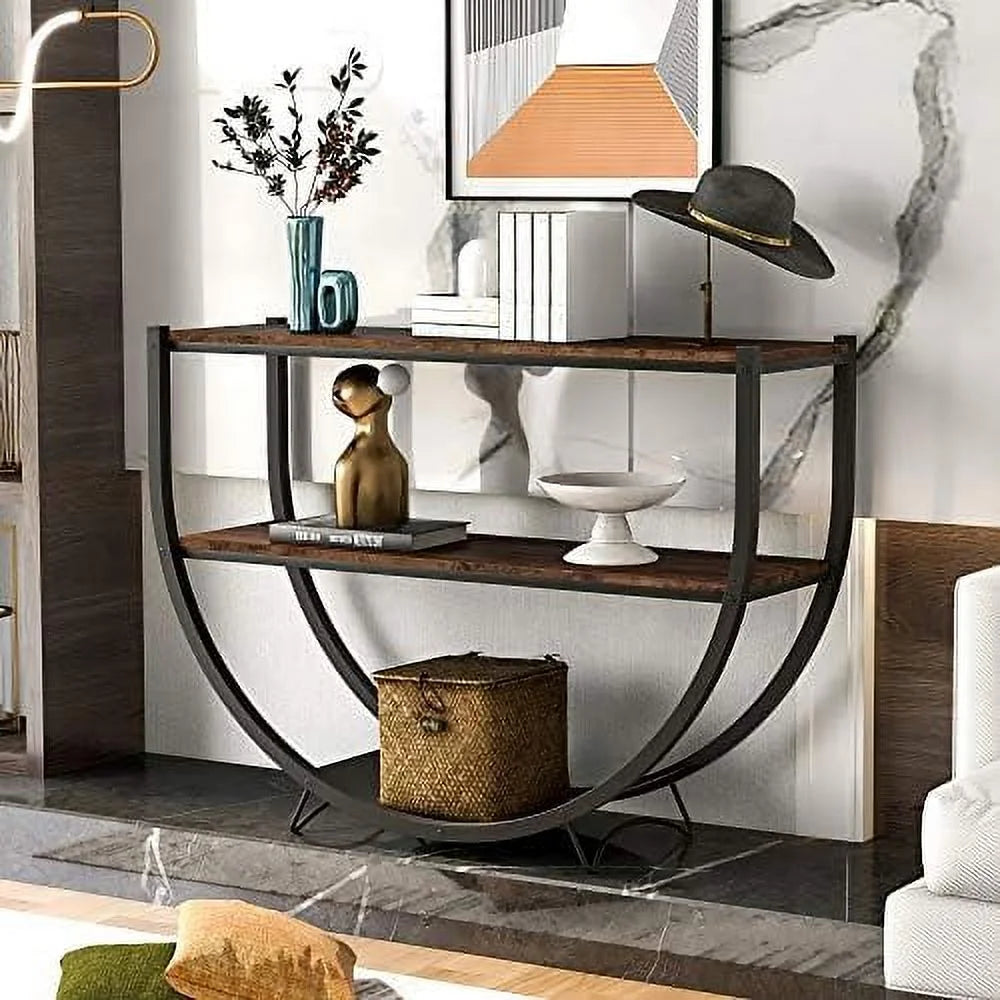 48" Demilune Shape Narrow Rustic Industrial Textured Metal Distressed Wood Console Table G63685