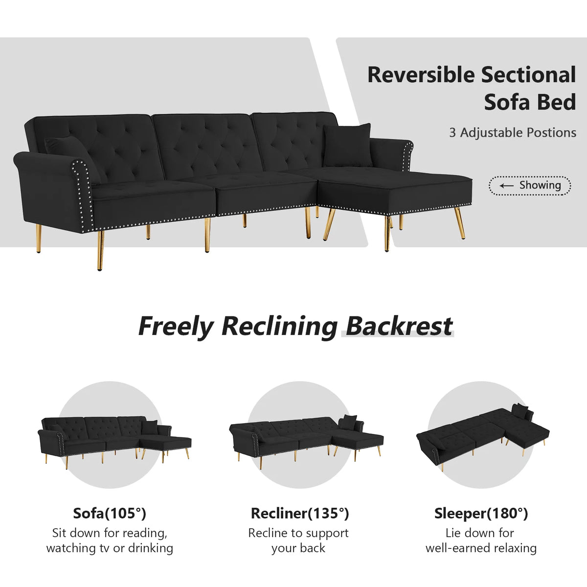 Velvet L Shaped Reversible Sectional Couch with Ottoman B375491