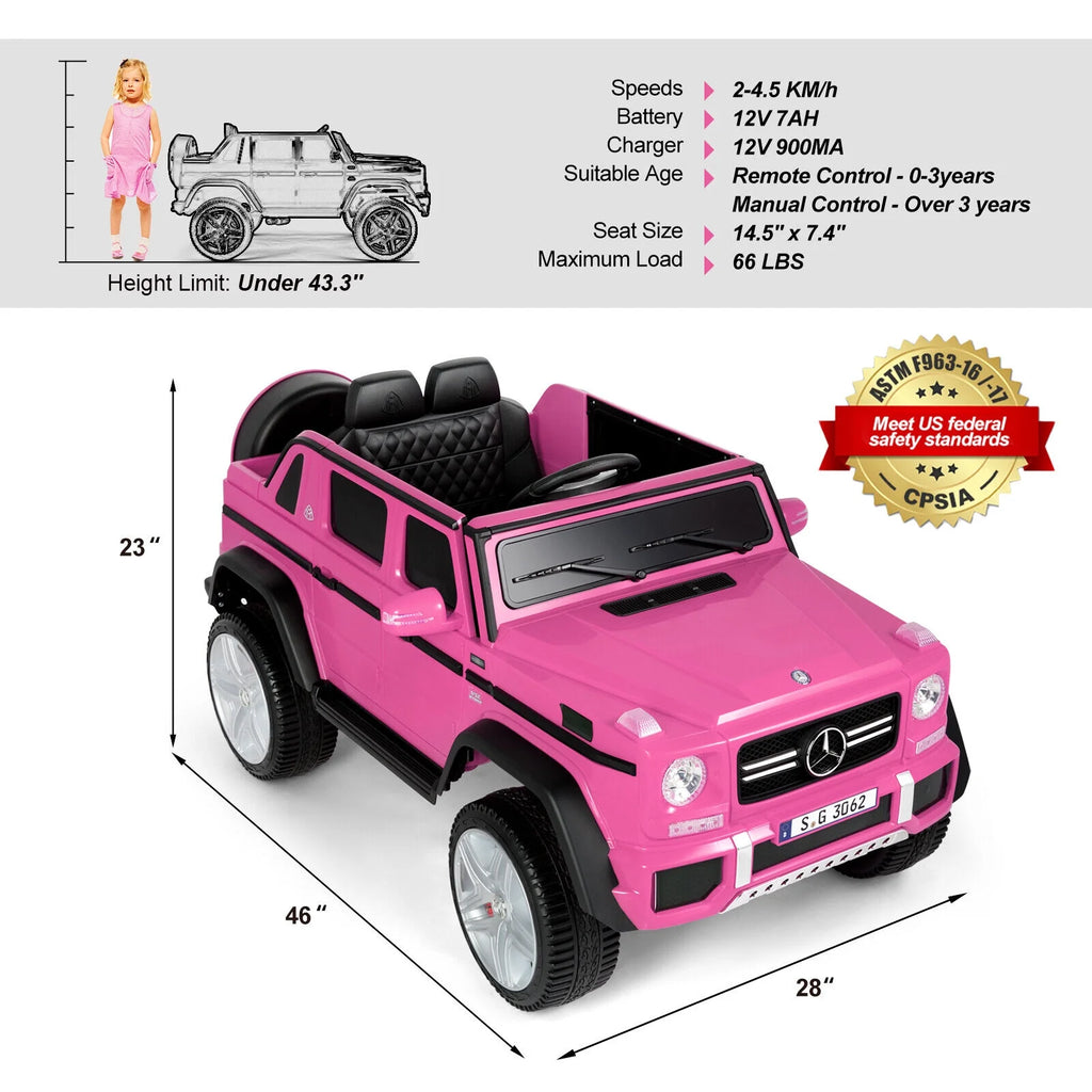 12V Kids Ride On Car with Remote Control, 3 Speeds, LED Lights, Bluetooth, Music (Pink) T522