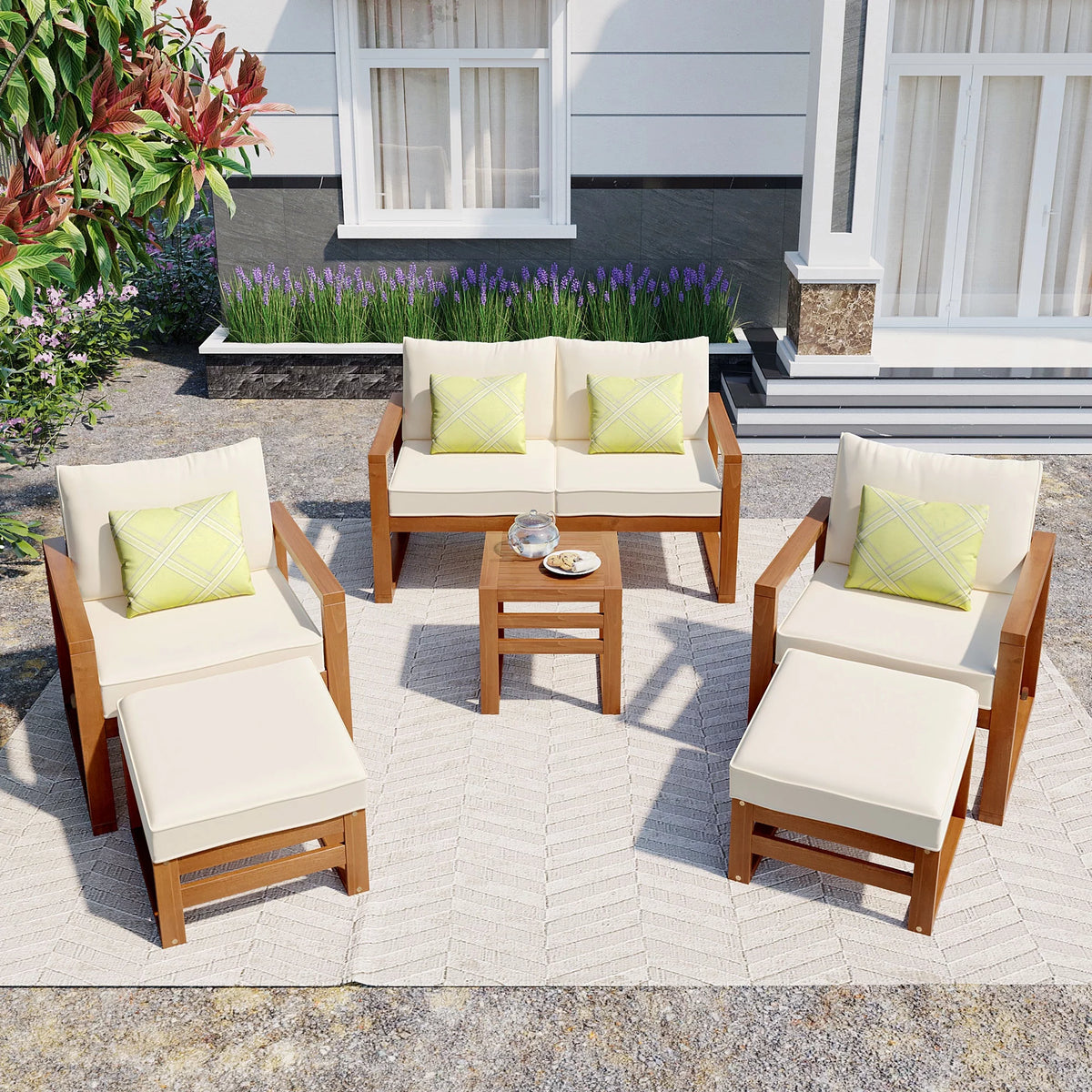 6-Piece Outdoor Patio Conversation Set with Ottomans and Cushions U70364