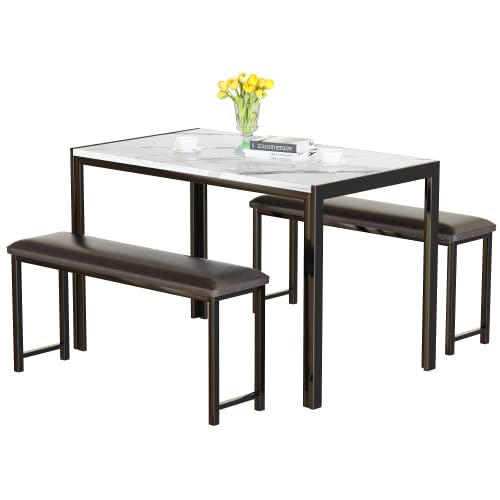 3 Pieces Faux Marble Top Table and 2 PU Leather Upholstered Benches W827