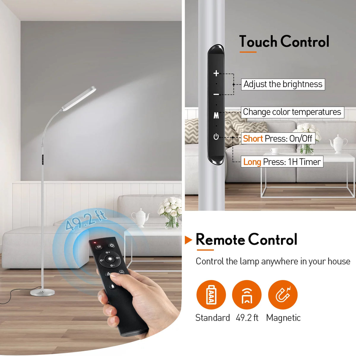 LED Floor Lamp with Remote Touch Control Adjustable Standing Light 4 Color Temperature G33394