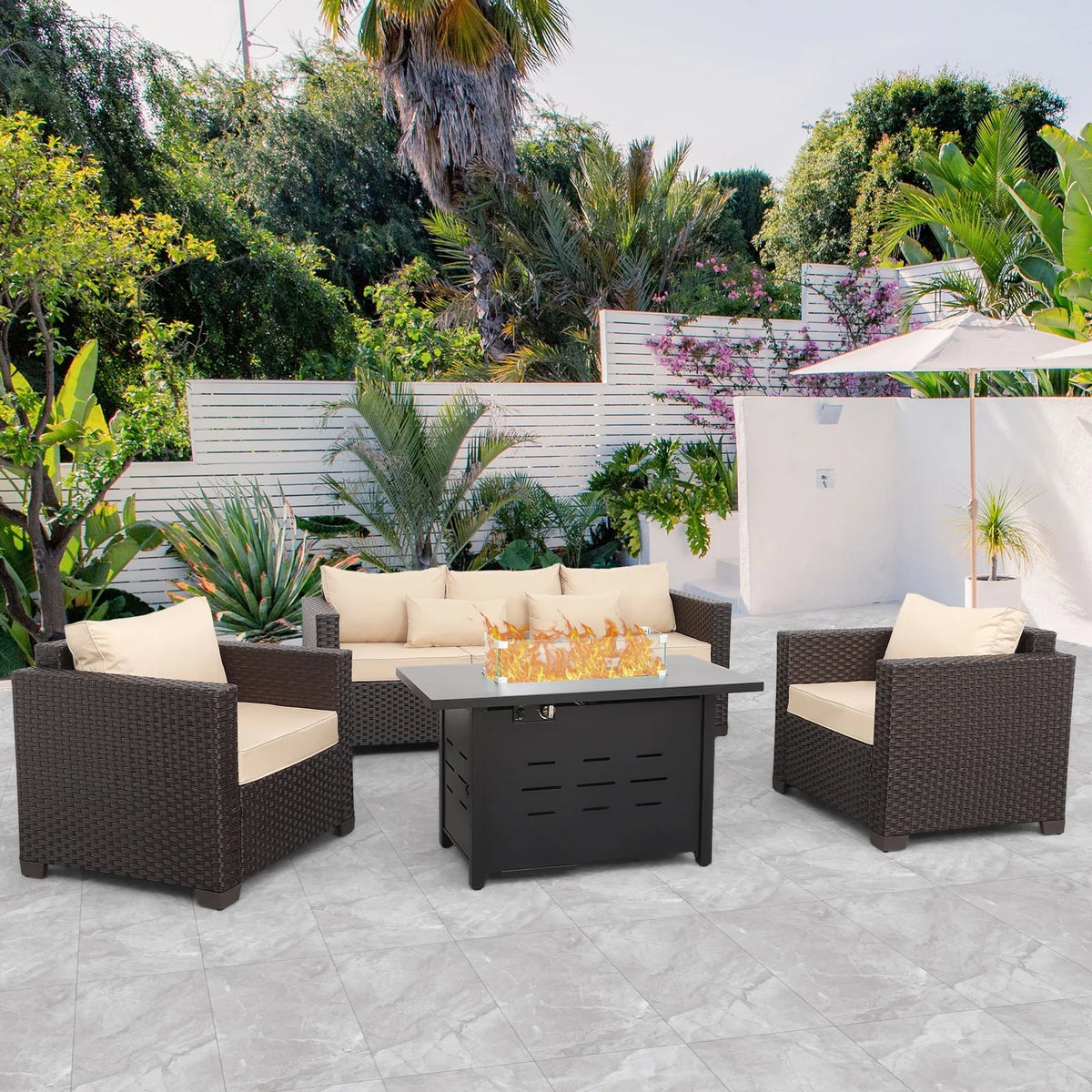 4-Piece Outdoor Wicker Furniture Set with Fire Pit Table D476
