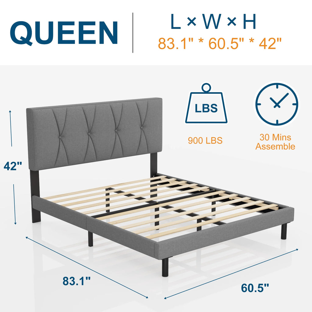Queen Size Fabric Upholstered Platform Bed Frame T87214