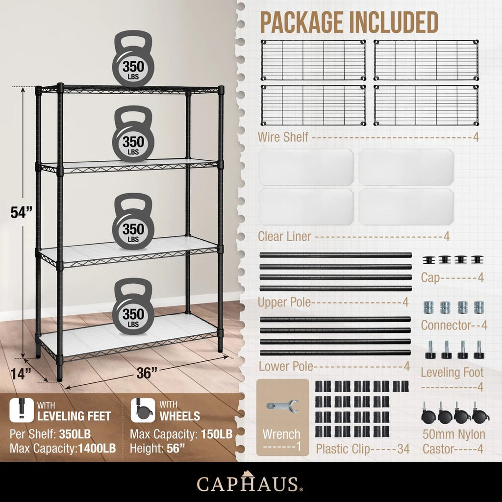 Black 4-Tier Adjustable Metal Wire Shelving Unit with Wheels Z981