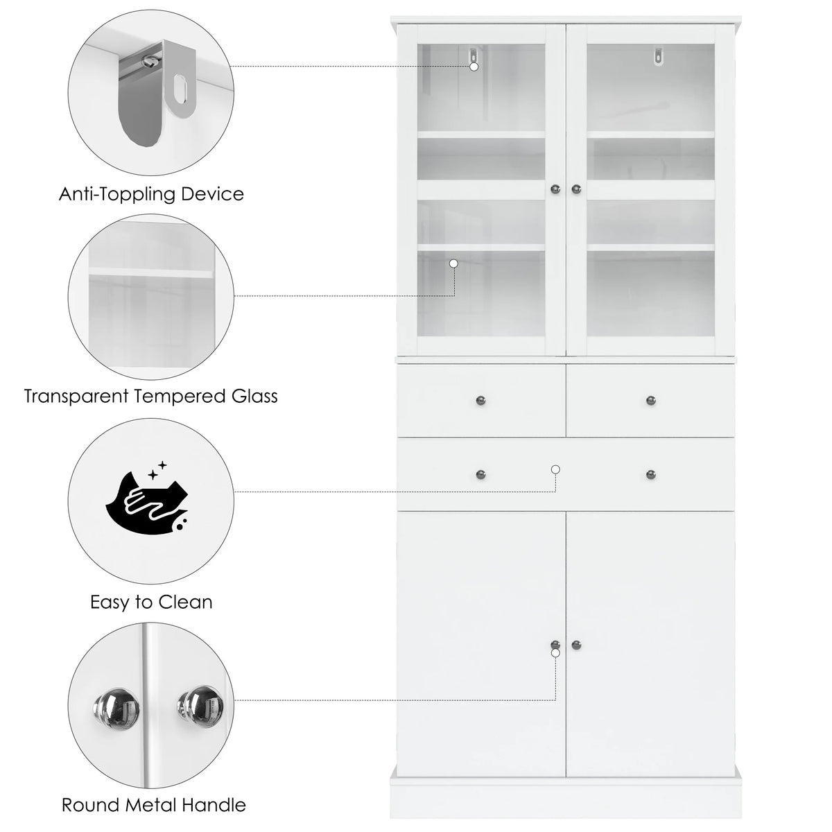 71" White Wood Bookcase with Glass Doors and 3 Drawers X4300